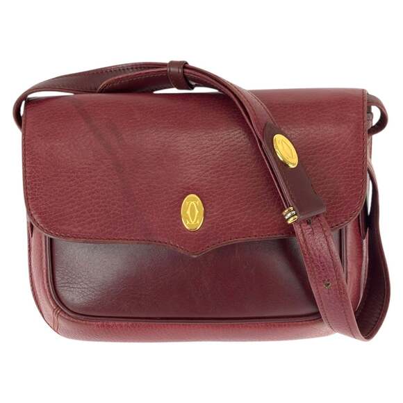CARTIER Must Line Wine Red Leather Shoulder Bag with Gold Hardware for Women